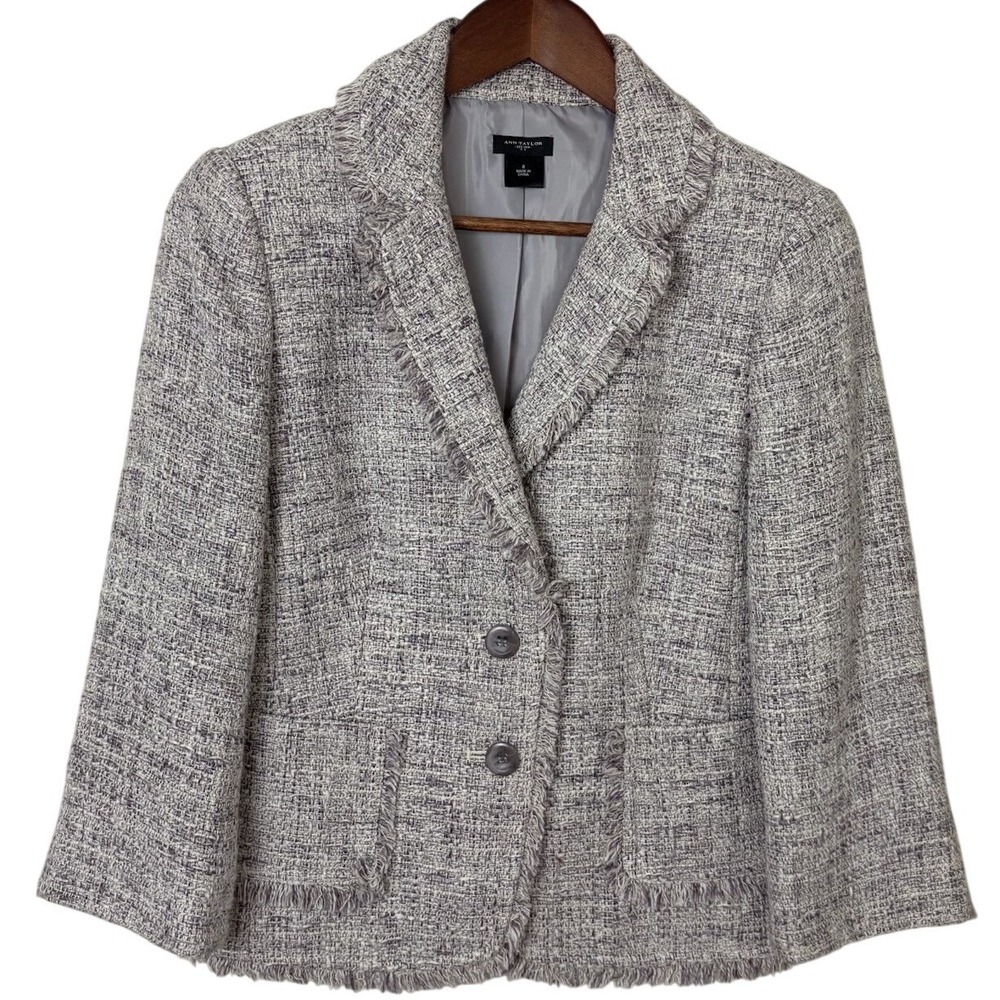 Ann Taylor Tweed Blazer Size 8‎ Lady Jacket Purple Cream Office Classic Preppy
